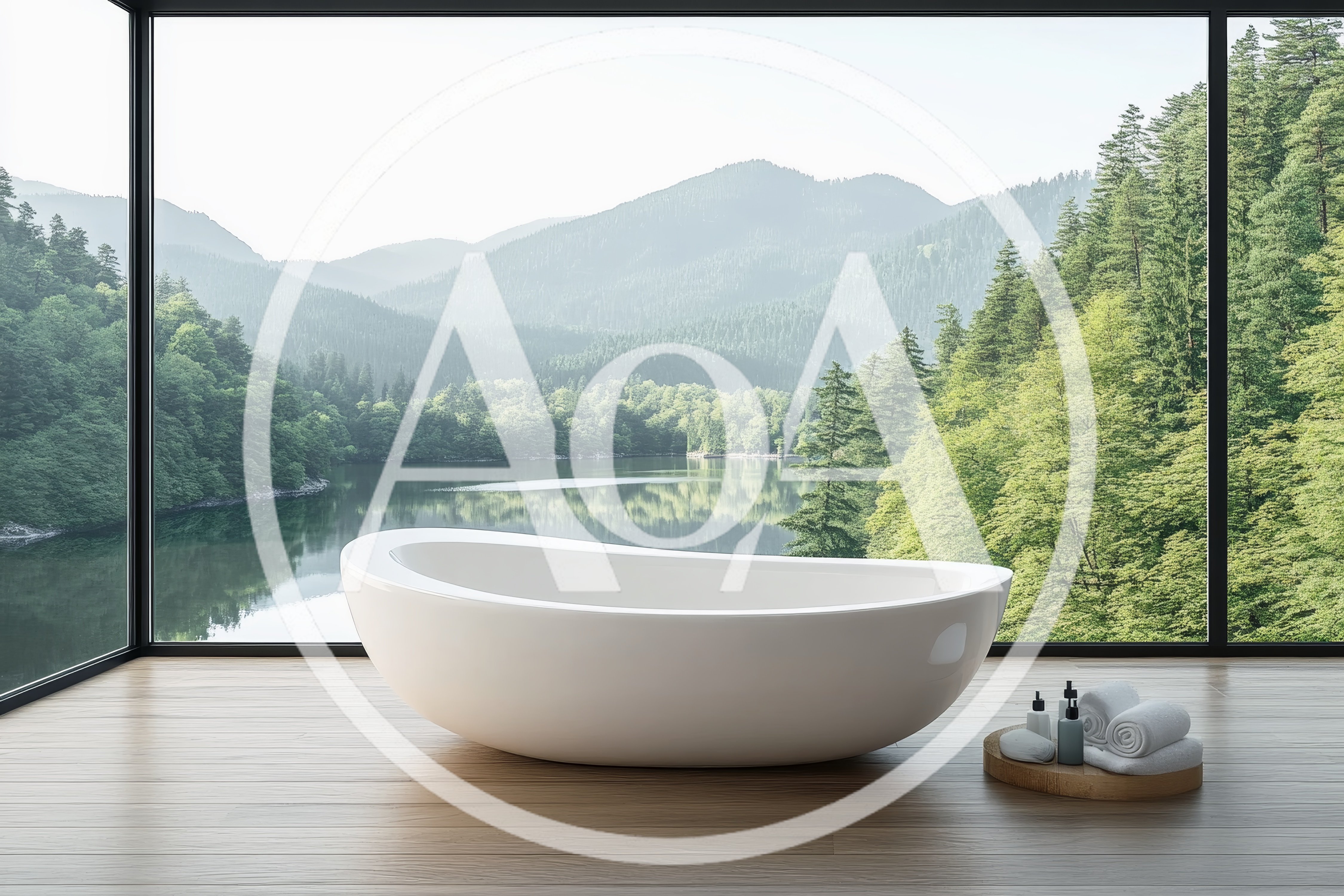 Modern Bathtub In Luxury Bathroom With Scenic Lake View
