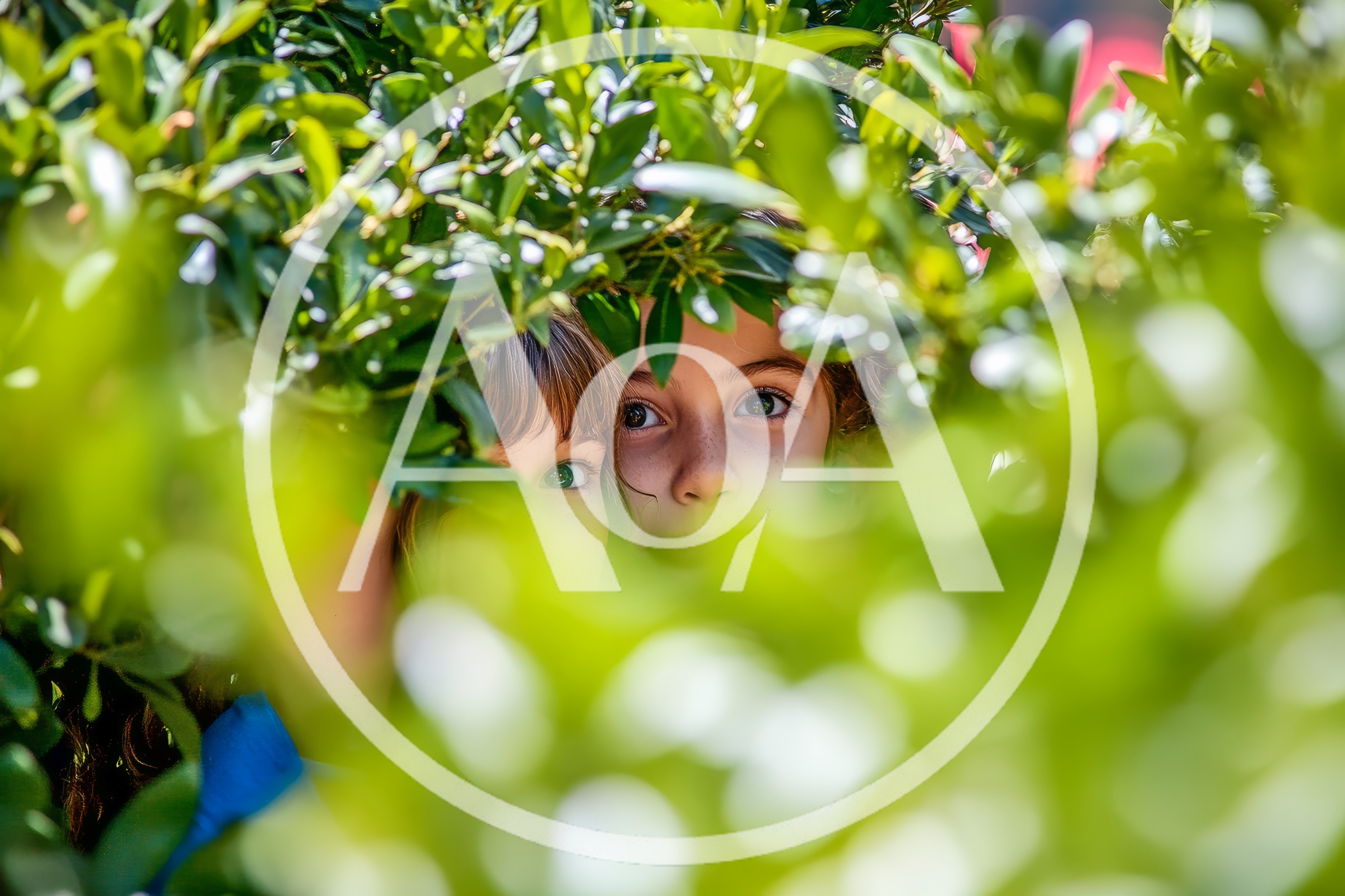Two Young Girls Peeking Through Green Garden Bushes