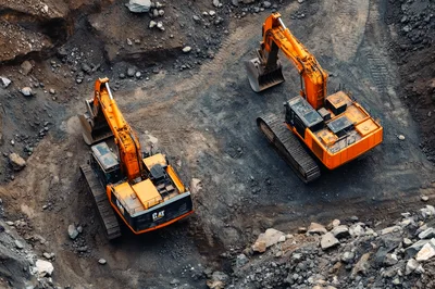Two Large Excavators Working In An Open Pit Mine