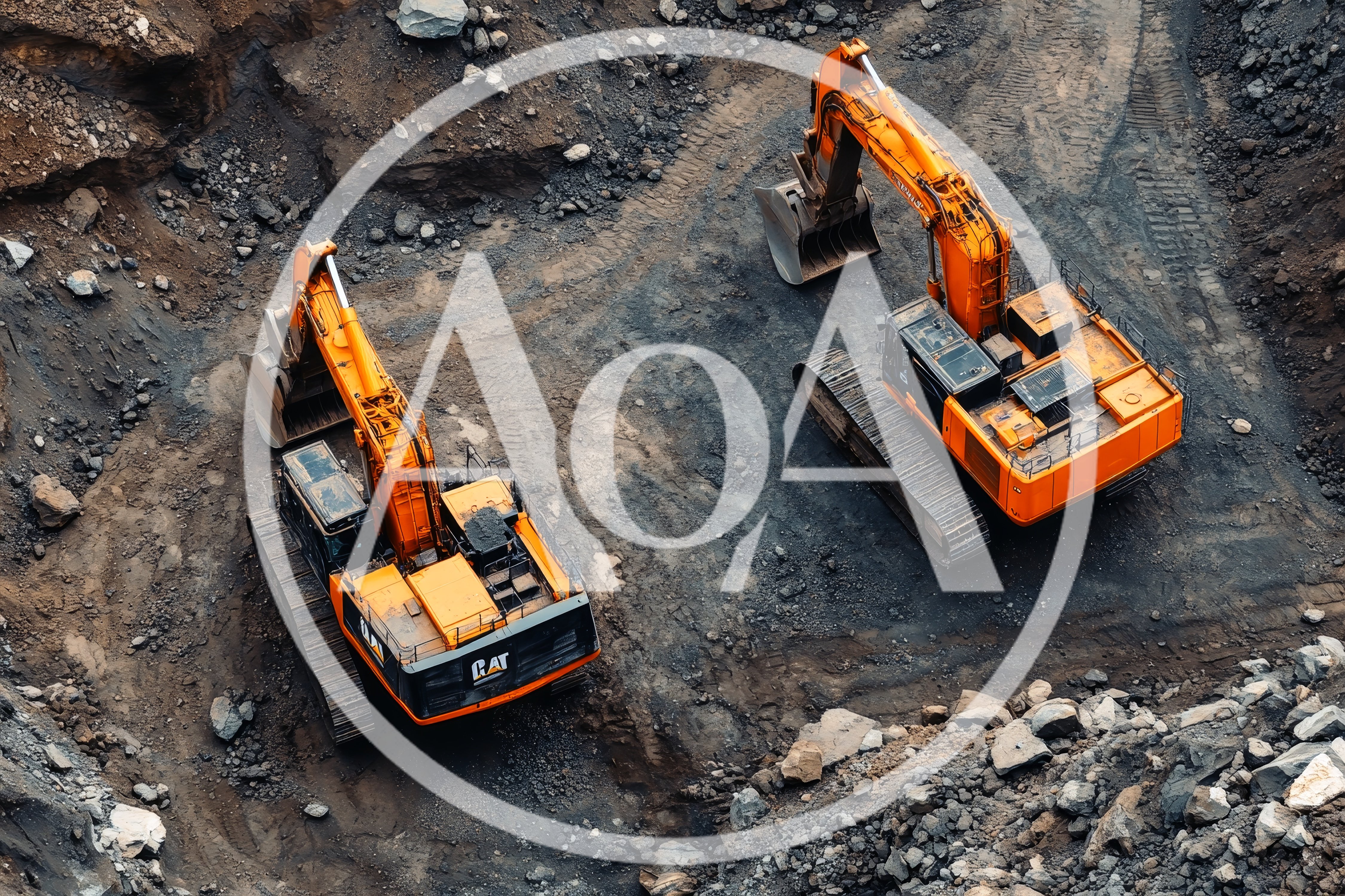Two Large Excavators Working In An Open Pit Mine
