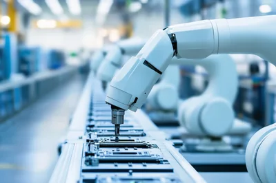 Automated Robotic Arms Assembling Circuit Boards In Factory