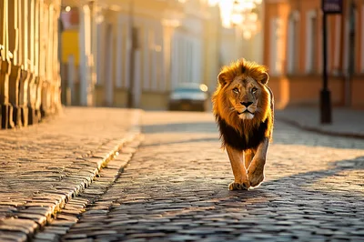Majestic Male Lion Walking Down Historic Cobblestone Street