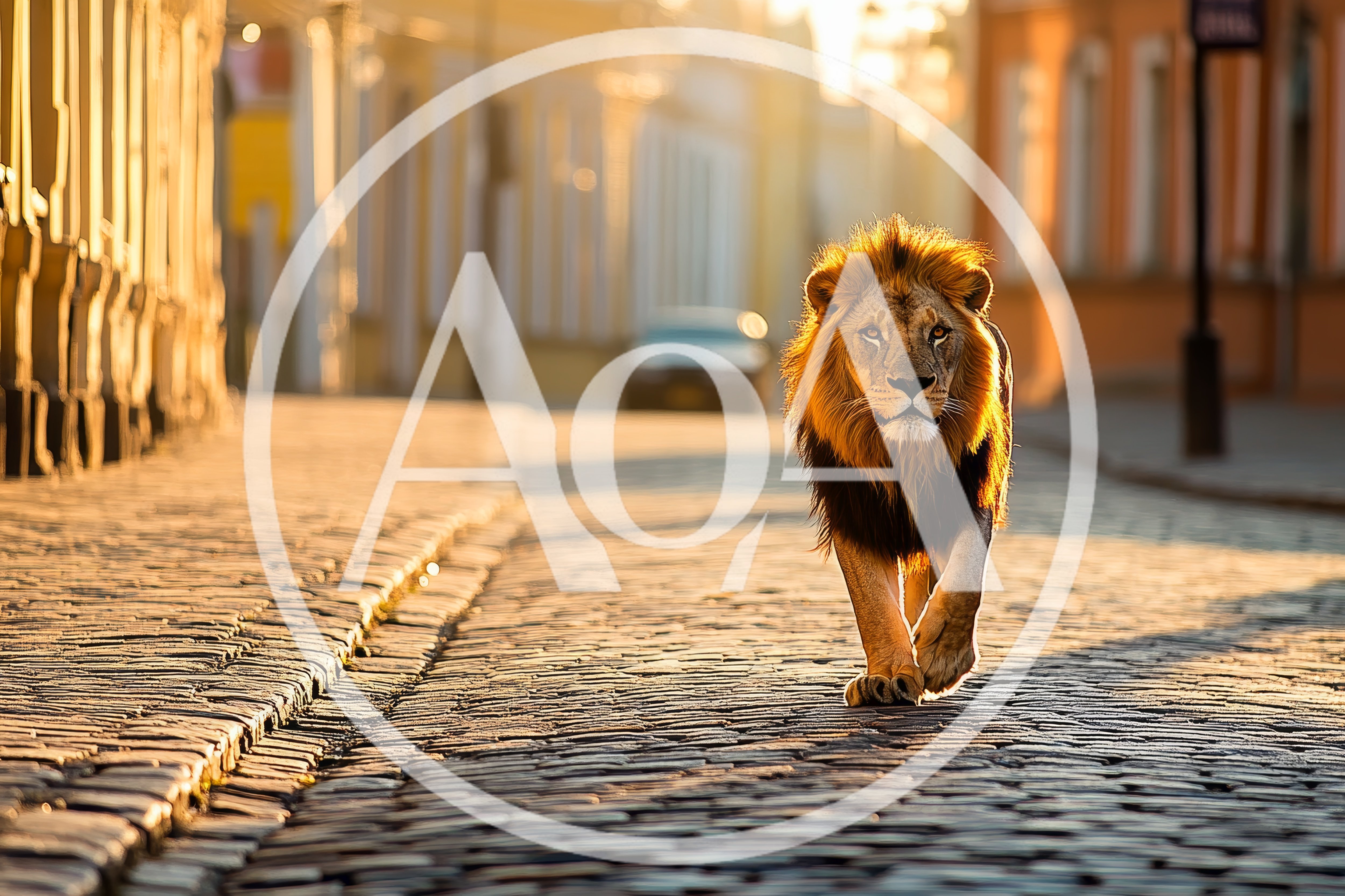Majestic Male Lion Walking Down Historic Cobblestone Street