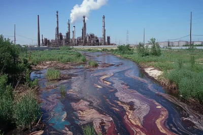 Polluted Industrial Canal Near Oil Refinery