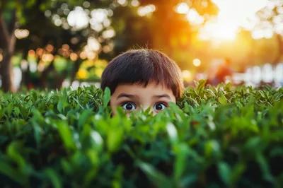 Young Child Peeking Through Green Garden Hedge