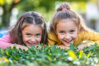 Two Young Girls Smiling While Lying In The Grass