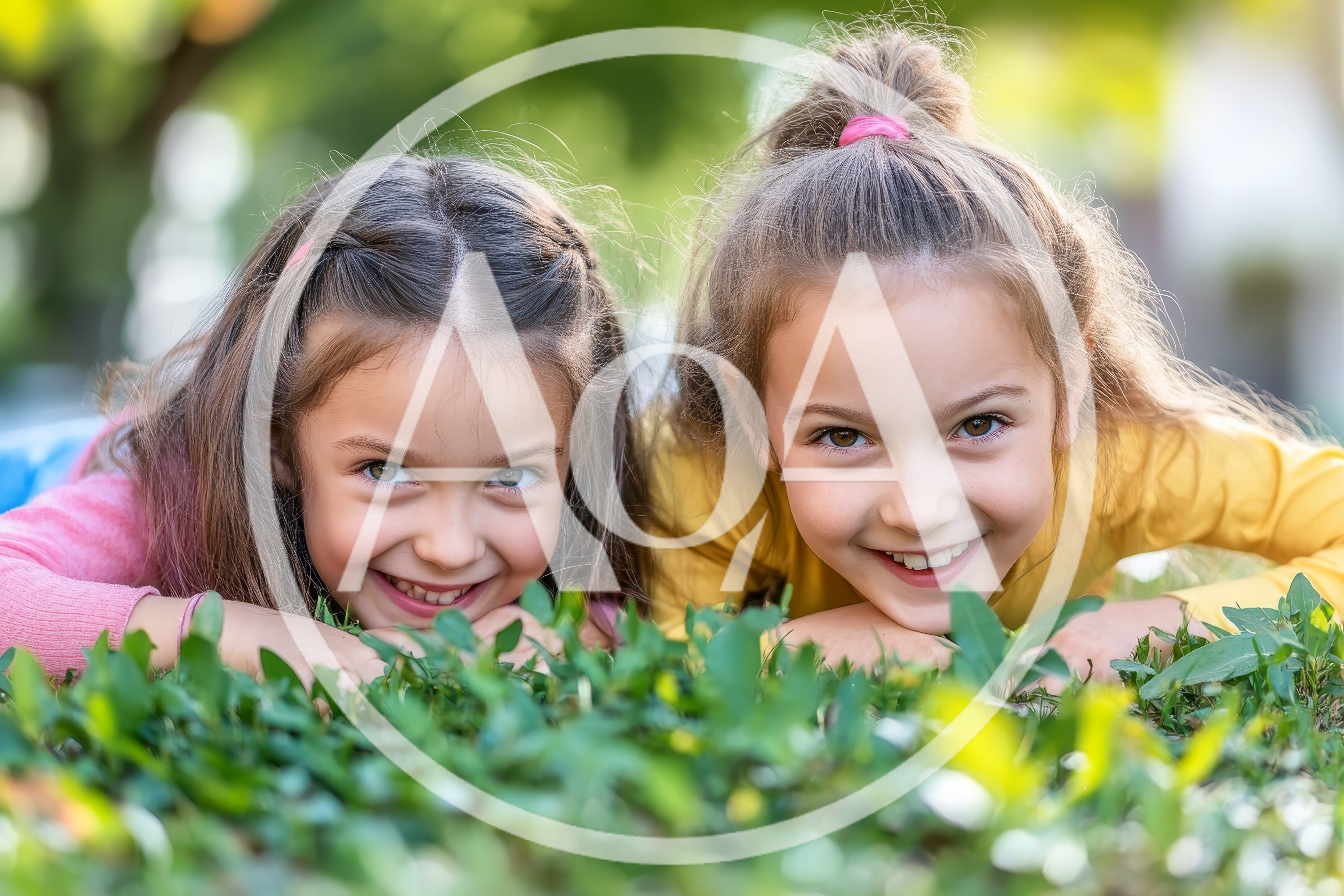 Two Young Girls Smiling While Lying In The Grass
