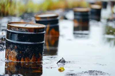 Oil Barrels Submerged in Polluted Industrial Marshland