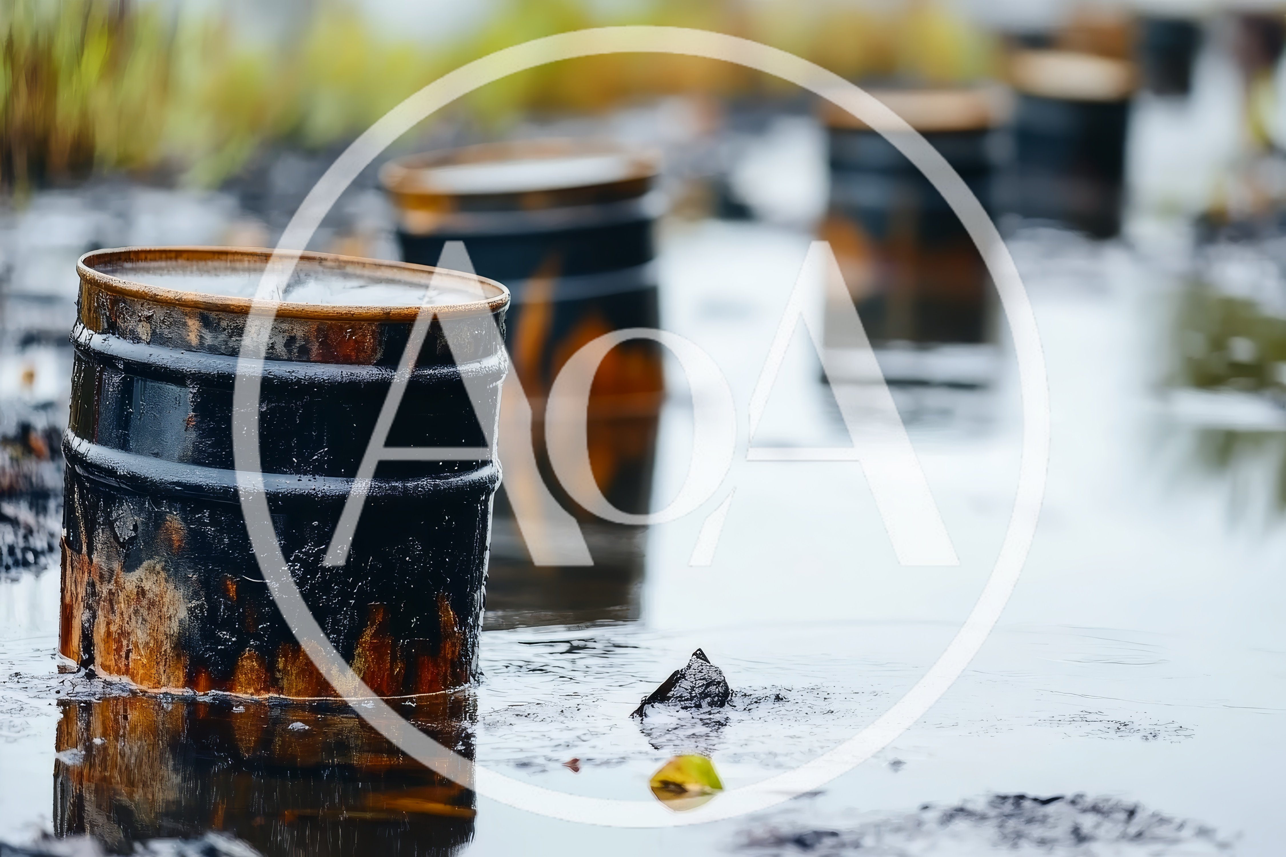 Oil Barrels Submerged in Polluted Industrial Marshland