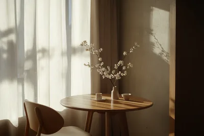 Minimalist Wooden Table With Floral Vase And Coffee