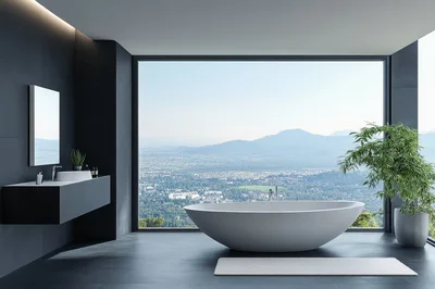 Modern Luxury Bathroom With Panoramic Mountain View