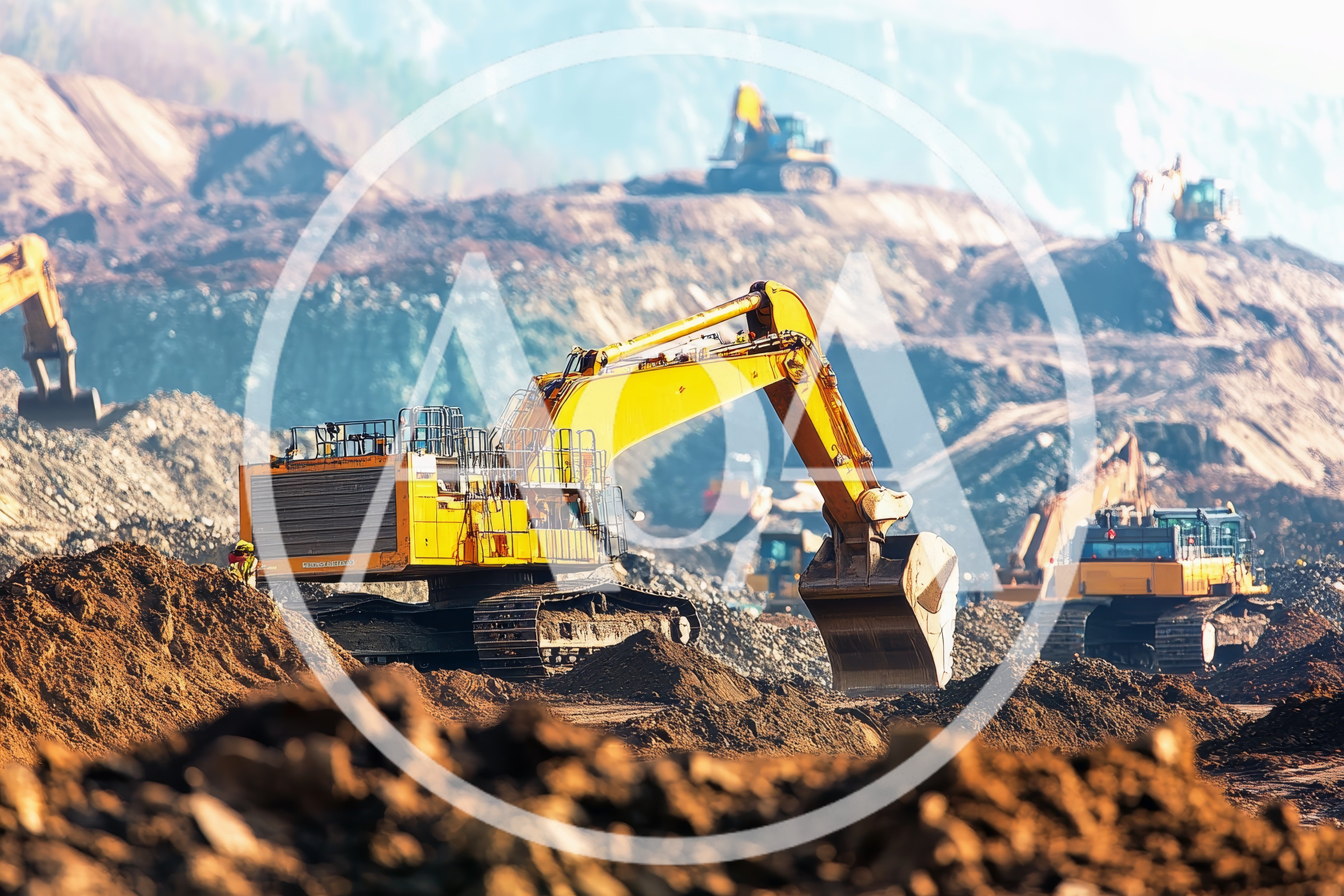 Large Yellow Excavators Working in an Open Pit Mine