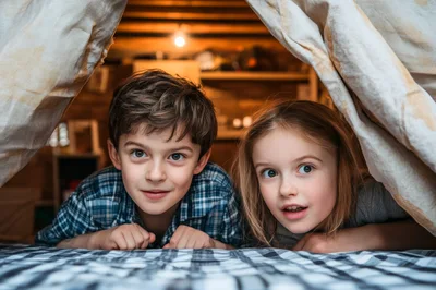 Young Children Playing Inside A Cozy Blanket Fort