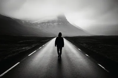 Lone Person Walking Down A Remote Mountain Road