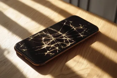 Broken Smartphone Screen On A Wooden Table