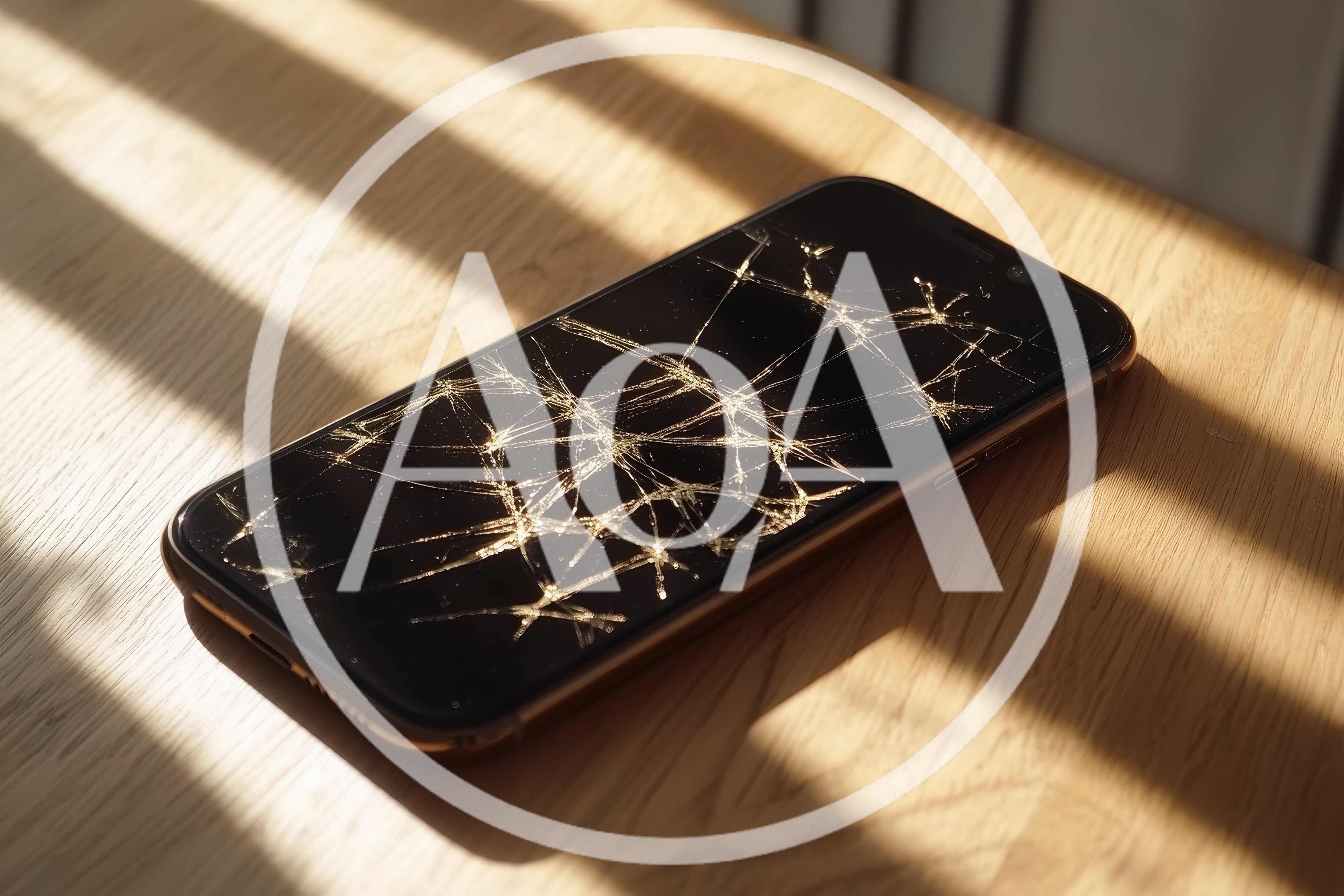 Broken Smartphone Screen On A Wooden Table