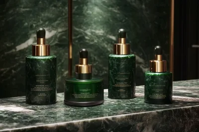 Luxury Green Marble Skincare Bottles on Marble Countertop