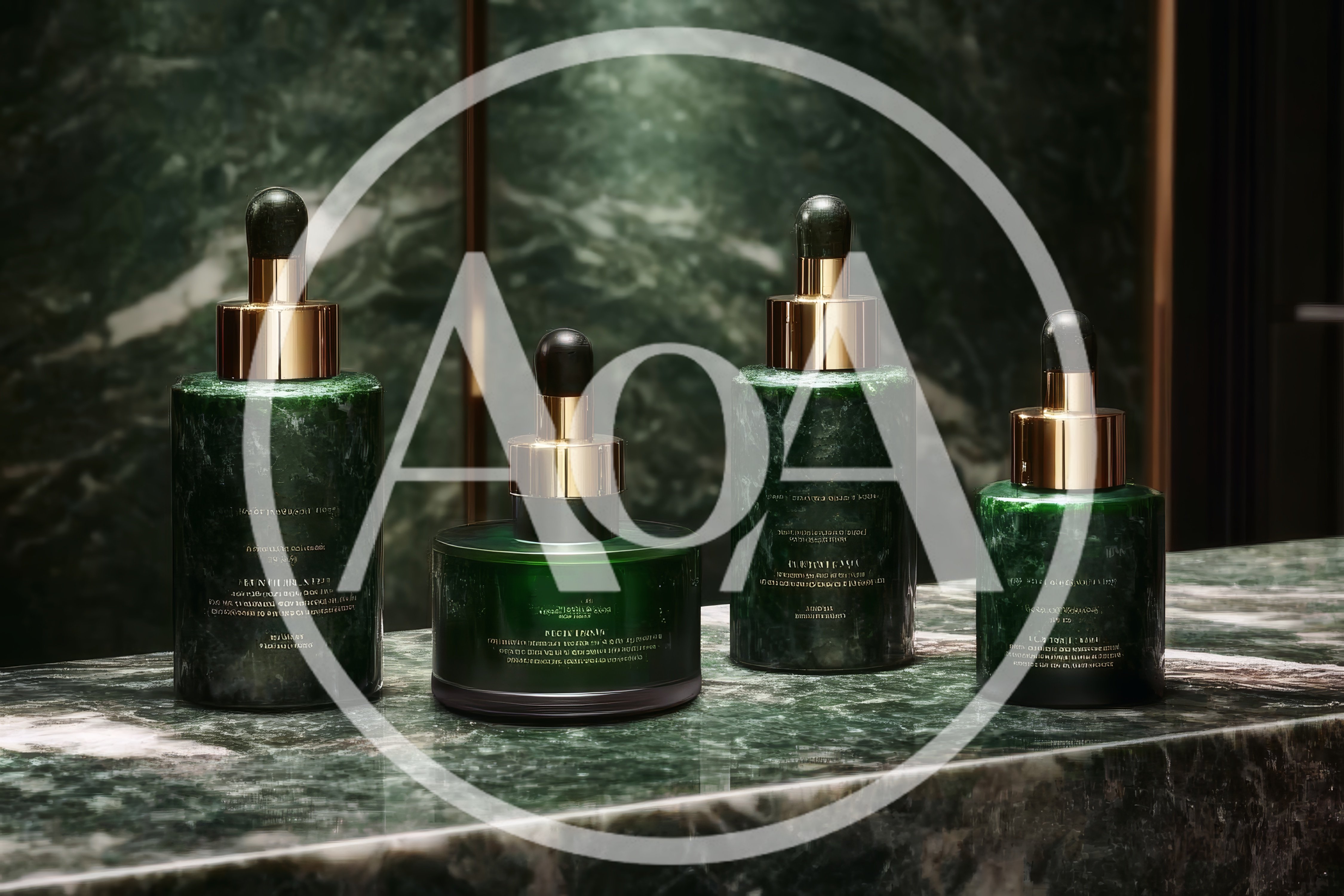 Luxury Green Marble Skincare Bottles on Marble Countertop