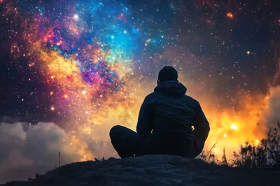 Person Sitting Alone Under A Vibrant Starry Galaxy