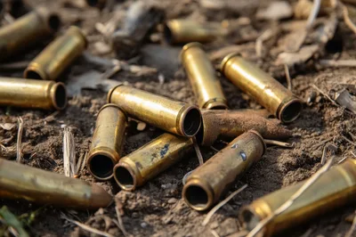 Spent Brass Bullet Casings Scattered On Dirt Ground