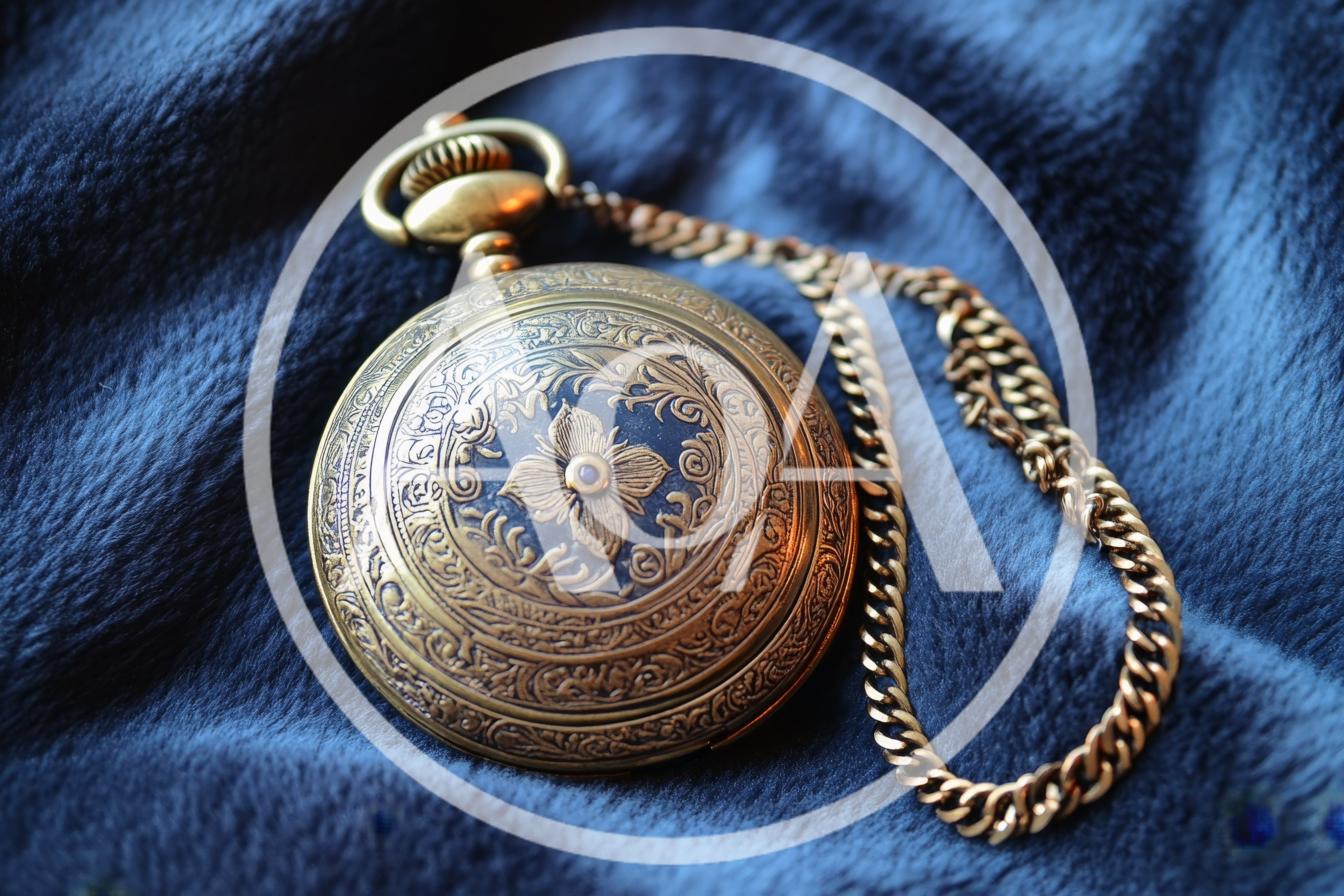 Antique Gold Pocket Watch Resting On Blue Velvet
