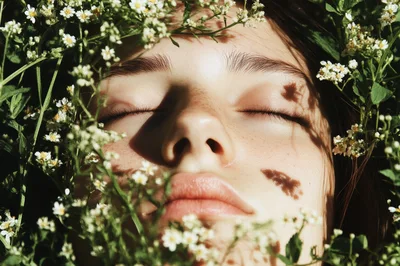 Young Woman Resting Among Wildflowers In Sunlight