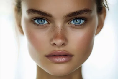 Close Up Portrait Of A Young Woman With Blue Eyes