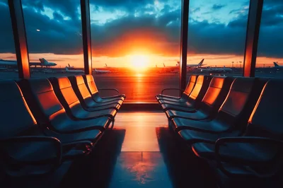 Empty Airport Terminal Waiting Area At Sunset