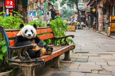 Giant Panda Sitting On A Bench In A Chinese Street