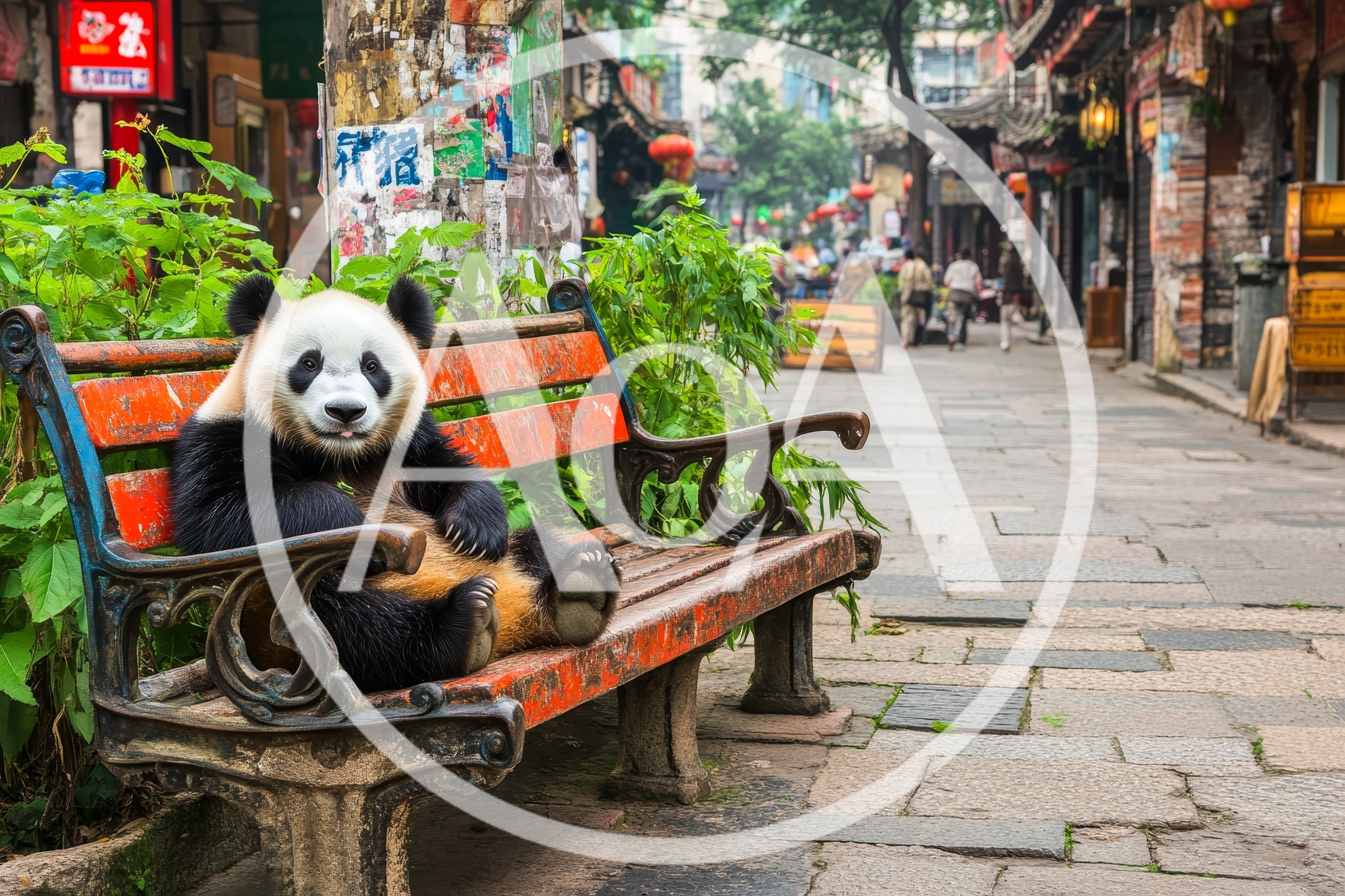 Giant Panda Sitting On A Bench In A Chinese Street