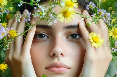 Young Woman With Natural Beauty Surrounded By Wildflowers