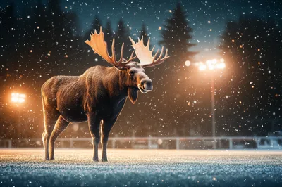 Majestic Moose Standing On Snowy Field At Night