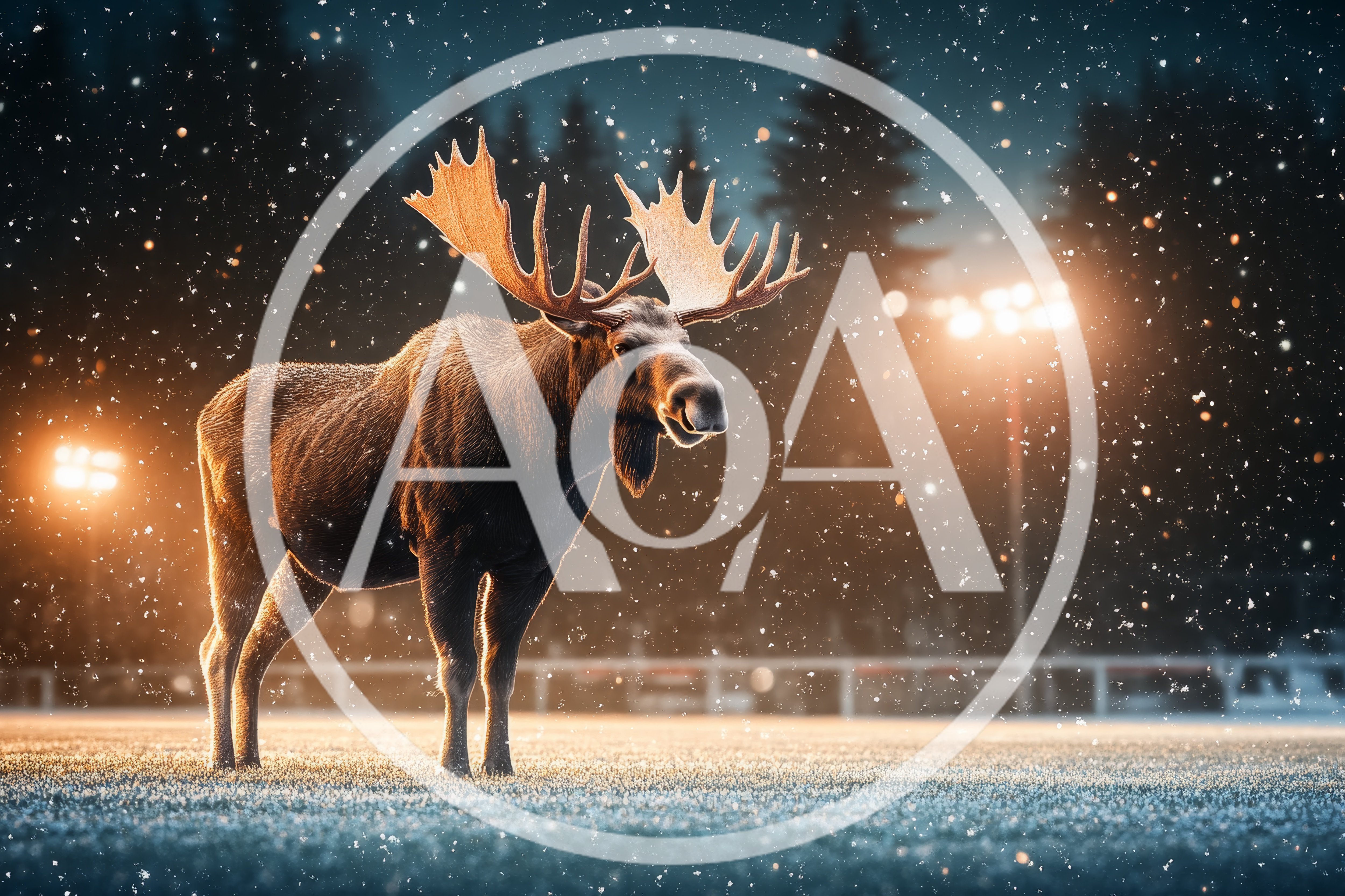 Majestic Moose Standing On Snowy Field At Night