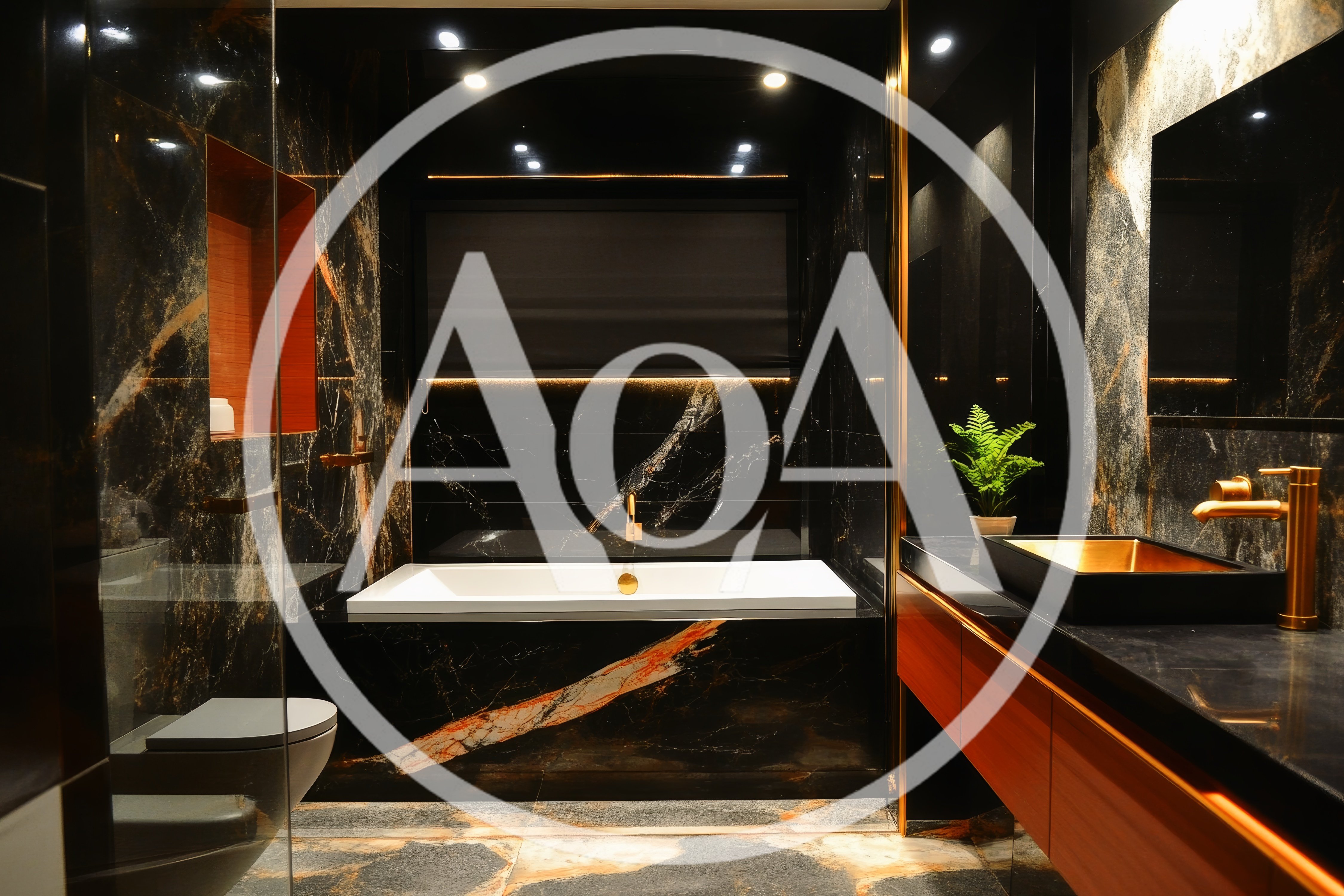 Modern Luxury Bathroom With Black Marble And Gold Accents