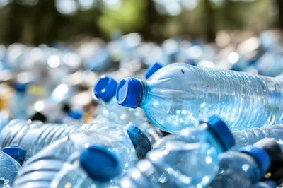 Pile of Discarded Blue Plastic Water Bottles