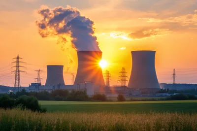 Nuclear Power Plant Cooling Towers At Sunset