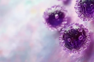 Microscopic View Of Purple Viral Particles