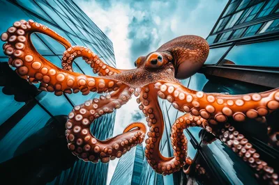 Giant Octopus Climbing Modern Glass Skyscraper