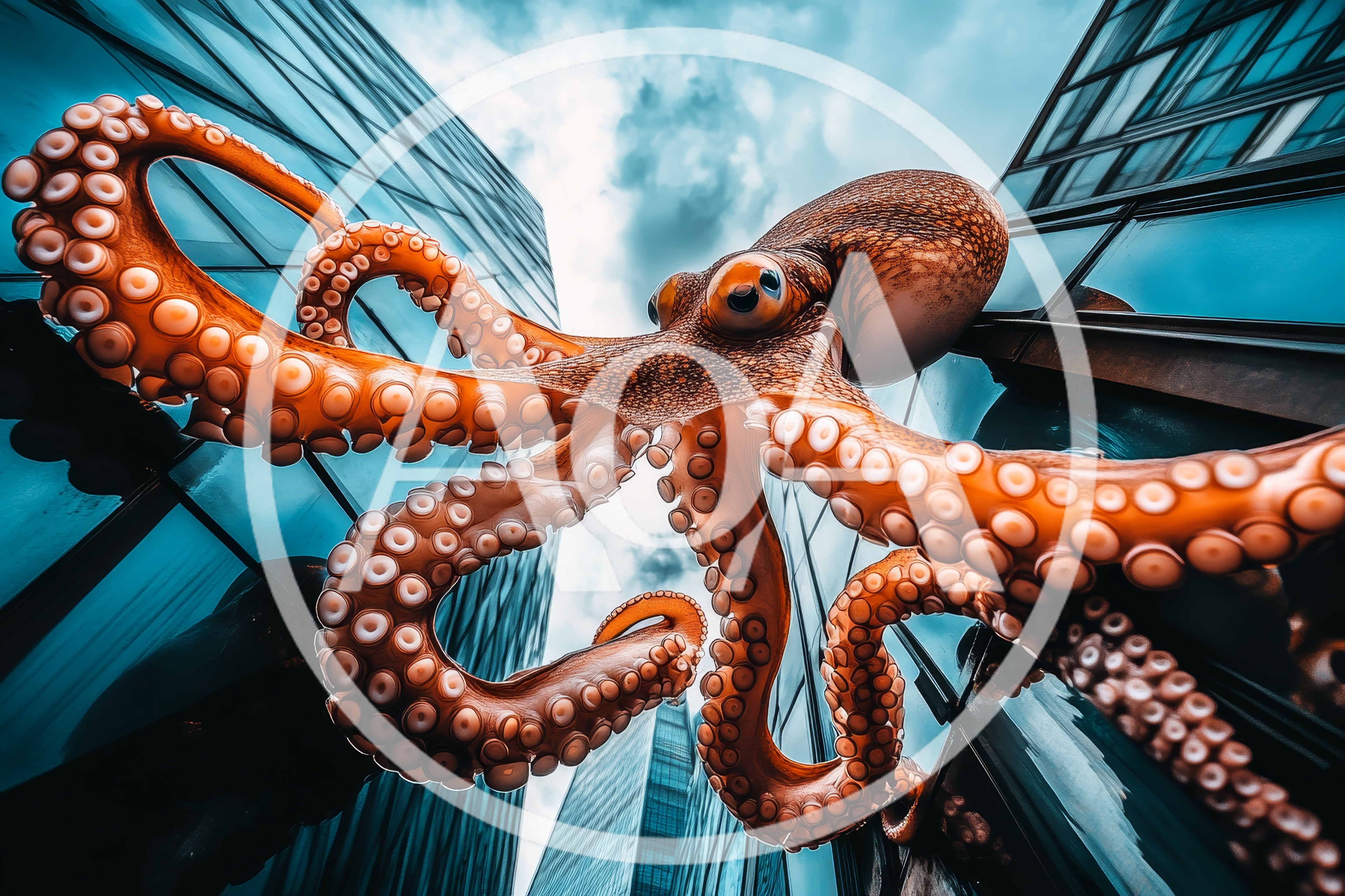Giant Octopus Climbing Modern Glass Skyscraper