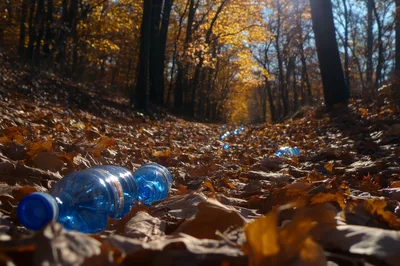 Discarded Plastic Water Bottles Littering A Forest Path