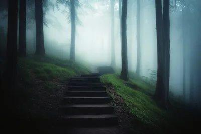 Stone Staircase Leading Into A Misty Forest
