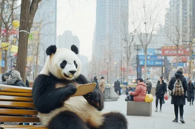 Giant Panda Sitting On A Bench Reading A Book