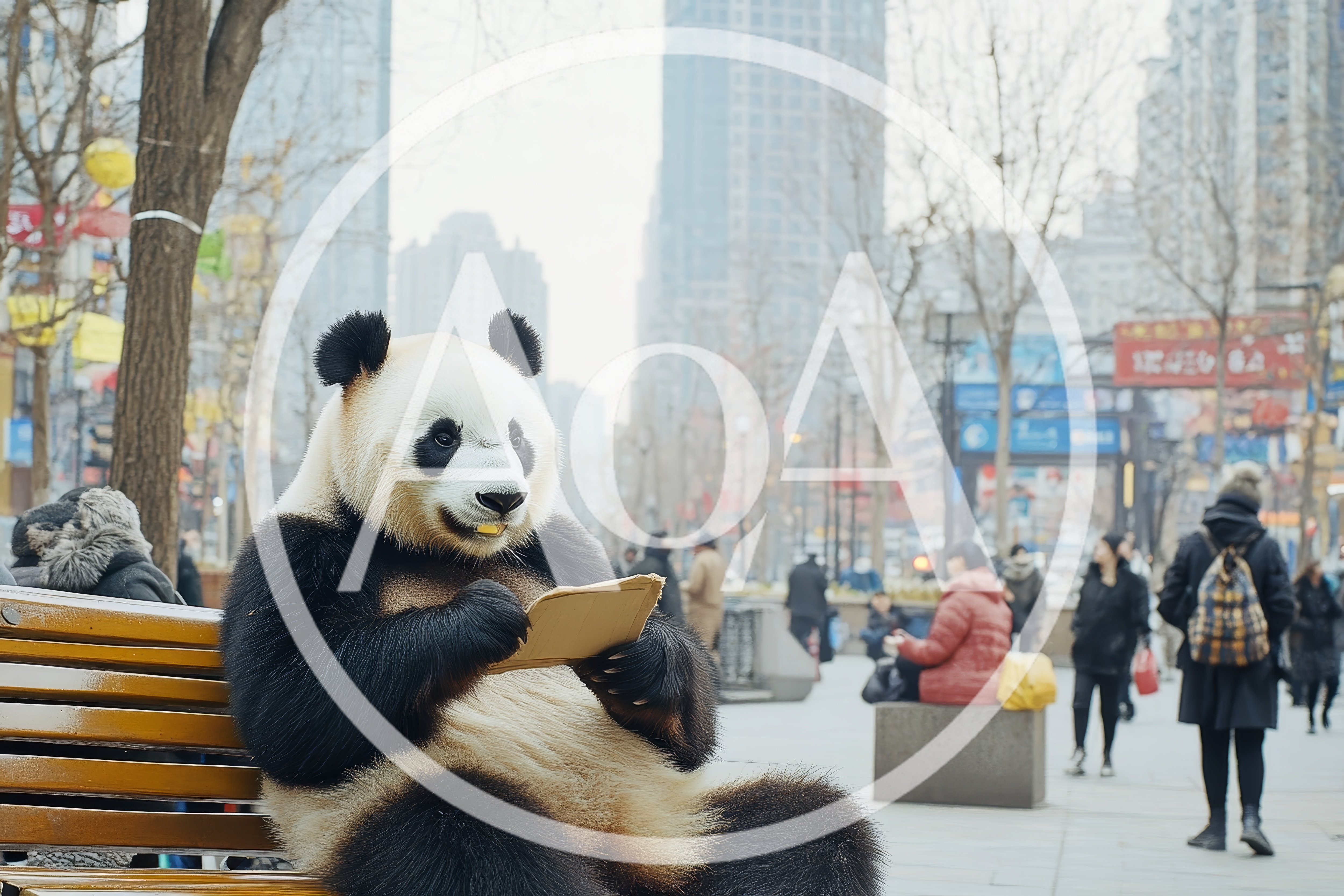 Giant Panda Sitting On A Bench Reading A Book