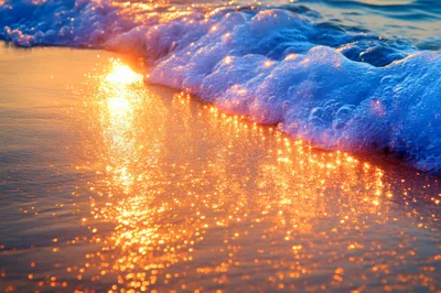 Golden Sunset Waves Crashing On Sandy Beach