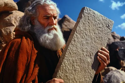 Elderly Prophet Holding Stone Tablet In Desert Landscape
