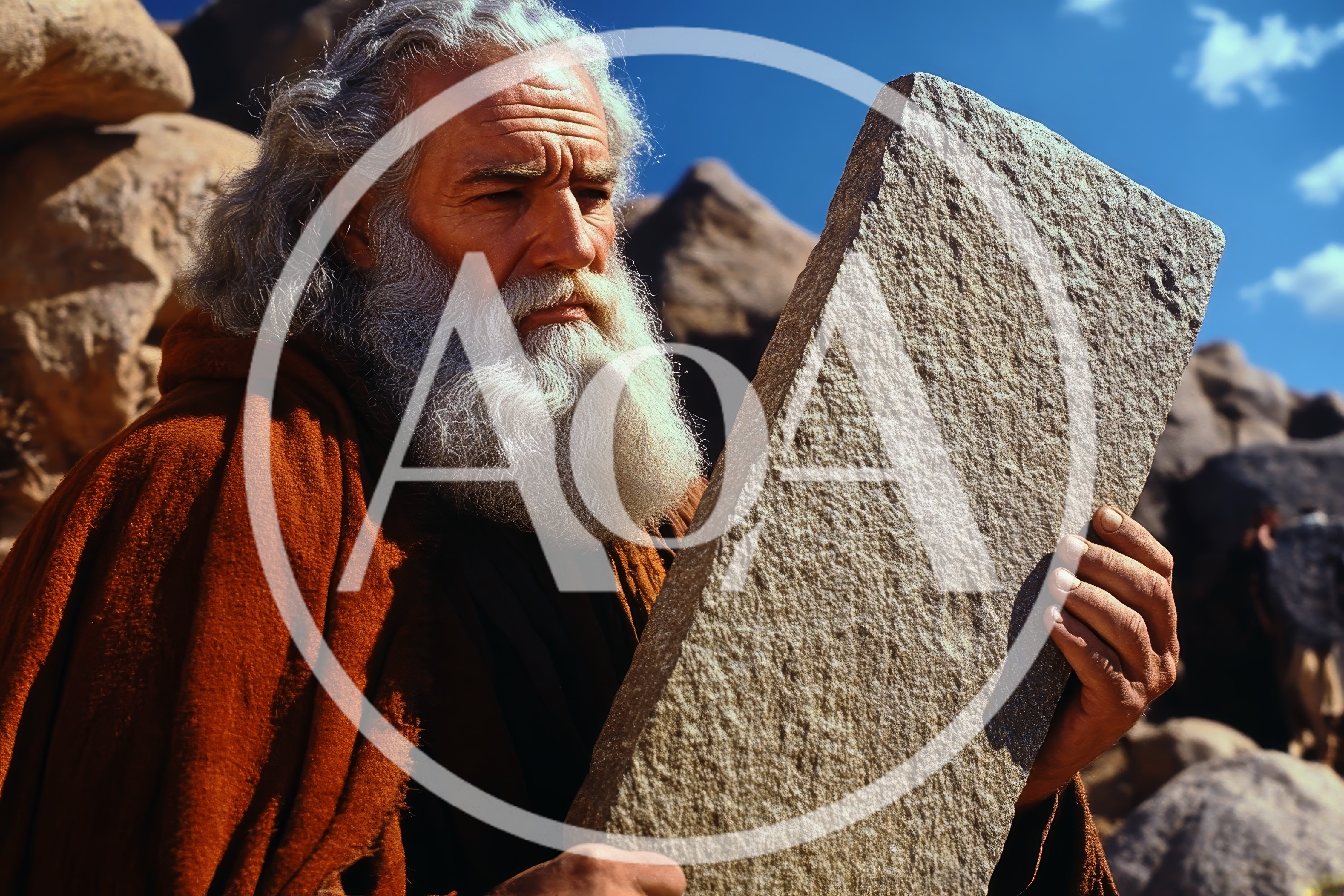 Elderly Prophet Holding Stone Tablet In Desert Landscape