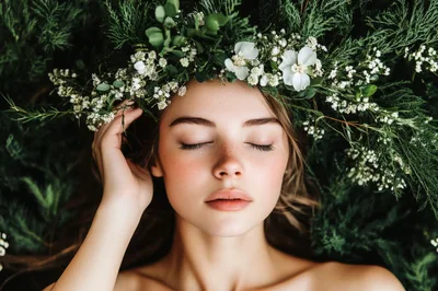 Young Woman Wearing A Floral Crown With Closed Eyes