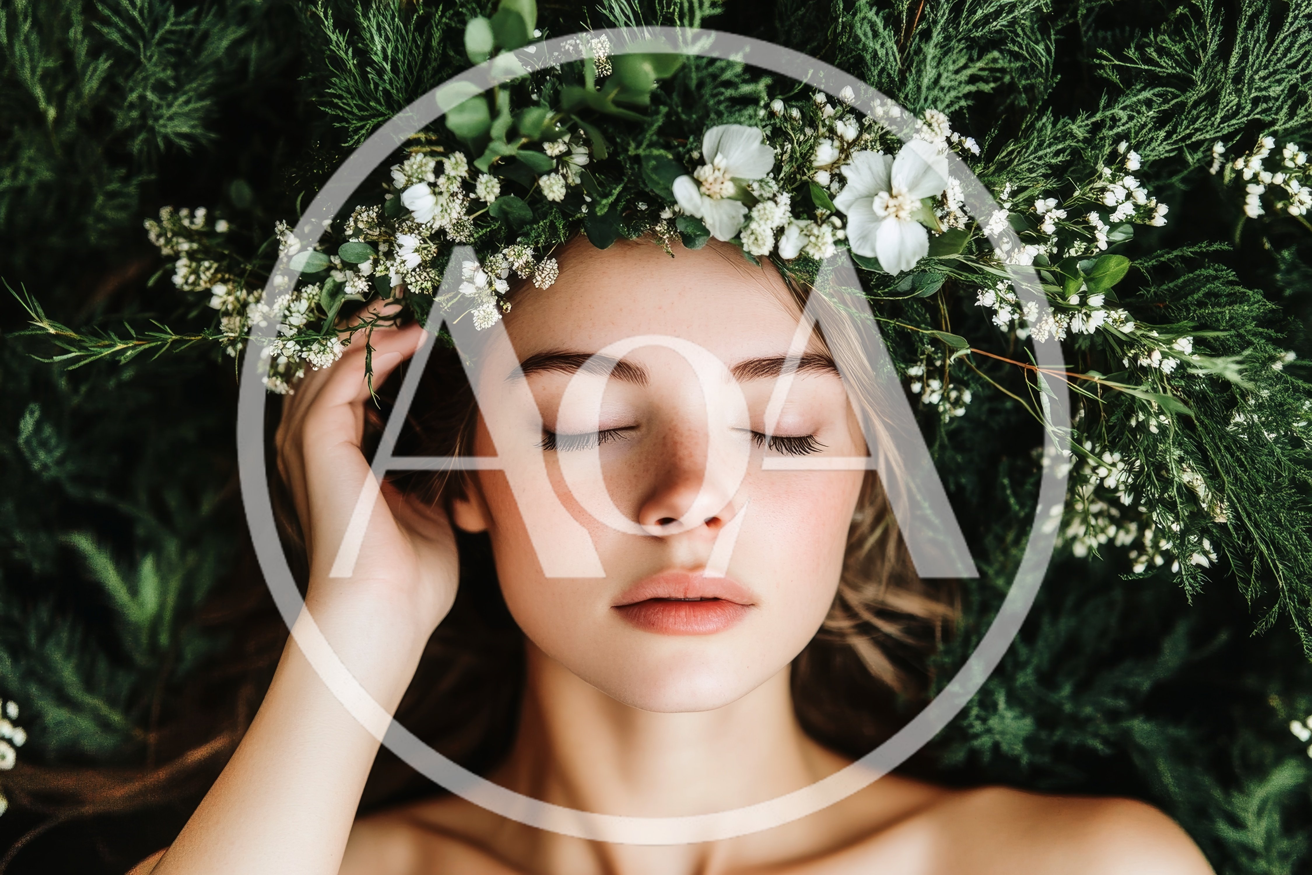 Young Woman Wearing A Floral Crown With Closed Eyes