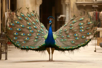 Majestic Peacock Displaying Vibrant Feathers In Courtyard