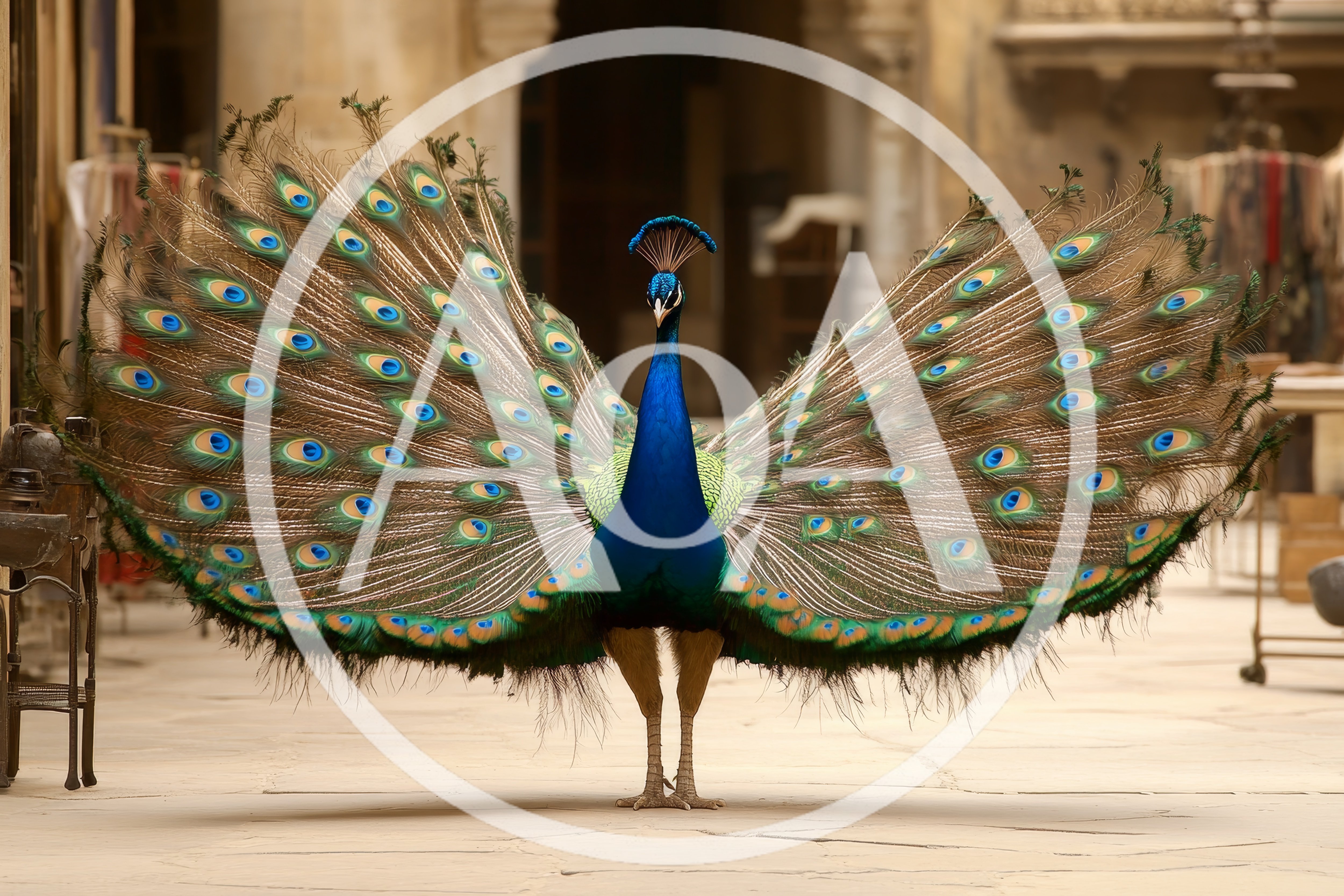 Majestic Peacock Displaying Vibrant Feathers In Courtyard